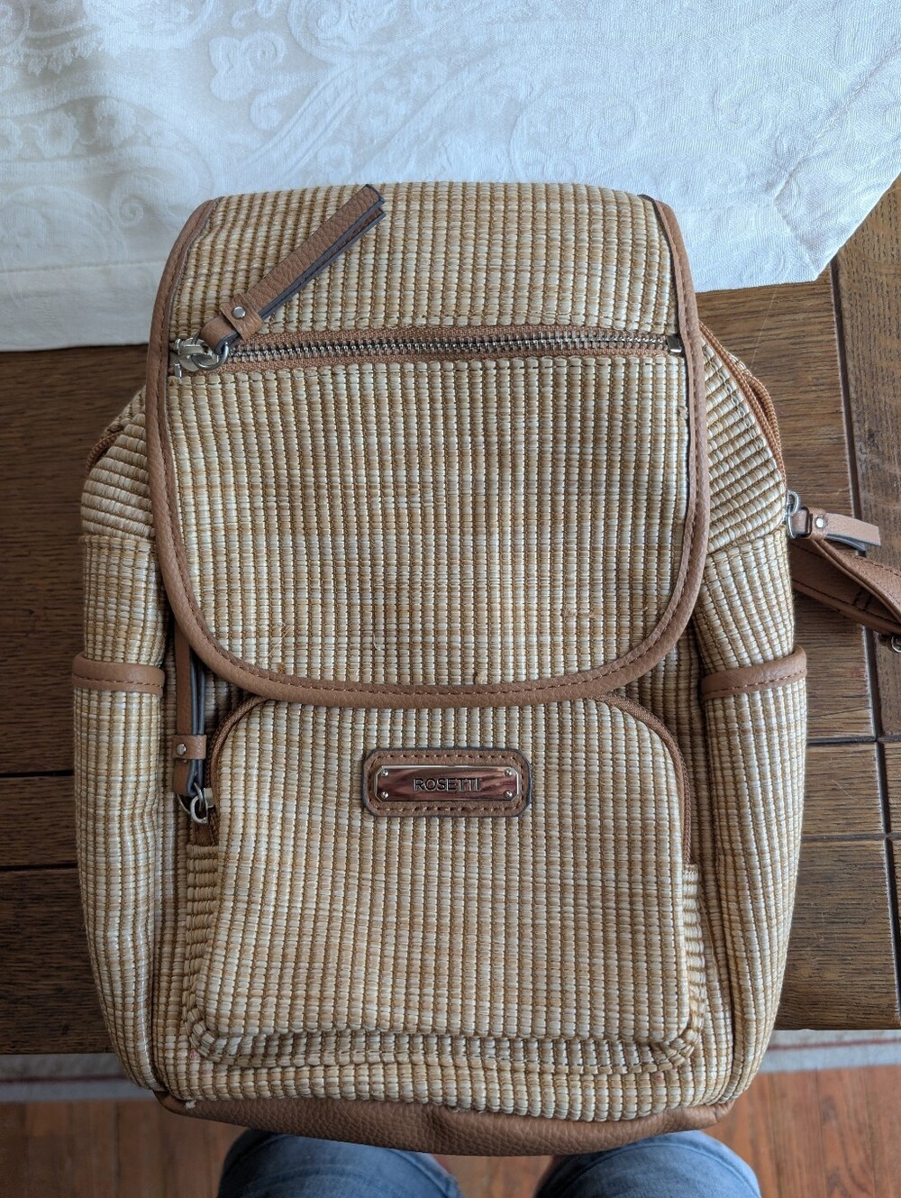 Rosetti Woven Tan and Brown Mini Backpack